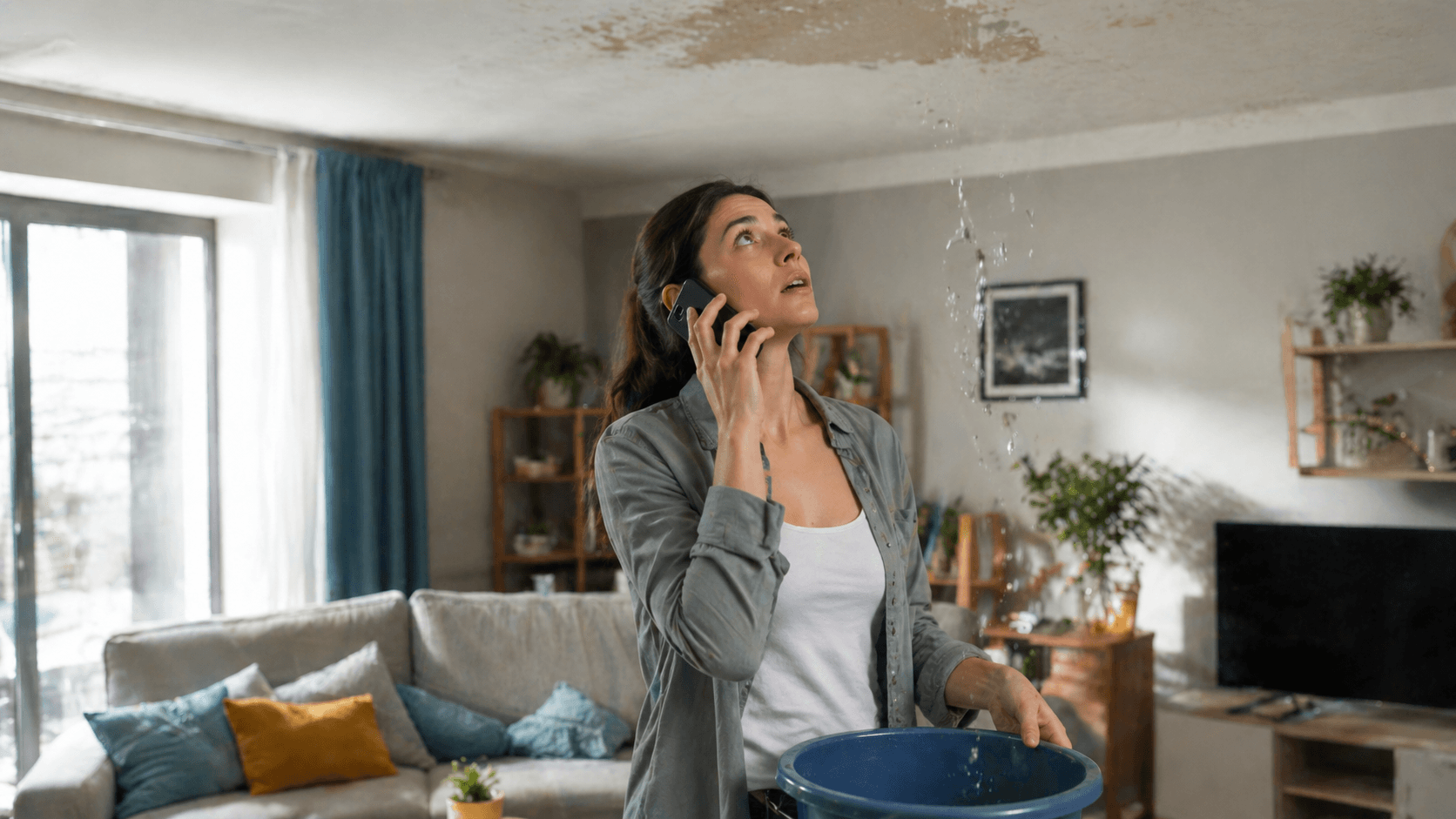 Trace de dégât des eaux au plafond d'un appartement après une fuite